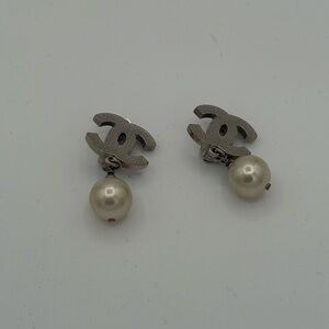CHANEL Silver Logo Earrings with Cream Pearls
